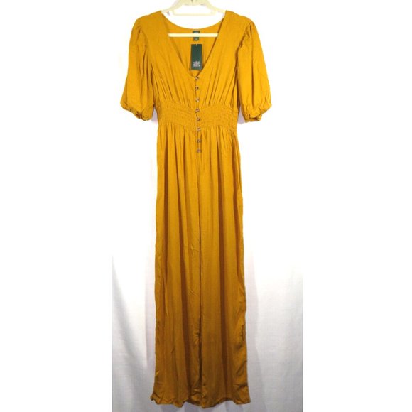 wild fable Pants - Wild Fable Women's S Mustard Crinkle Gauze Smocked Waist Puff Sleeve Jumpsuit